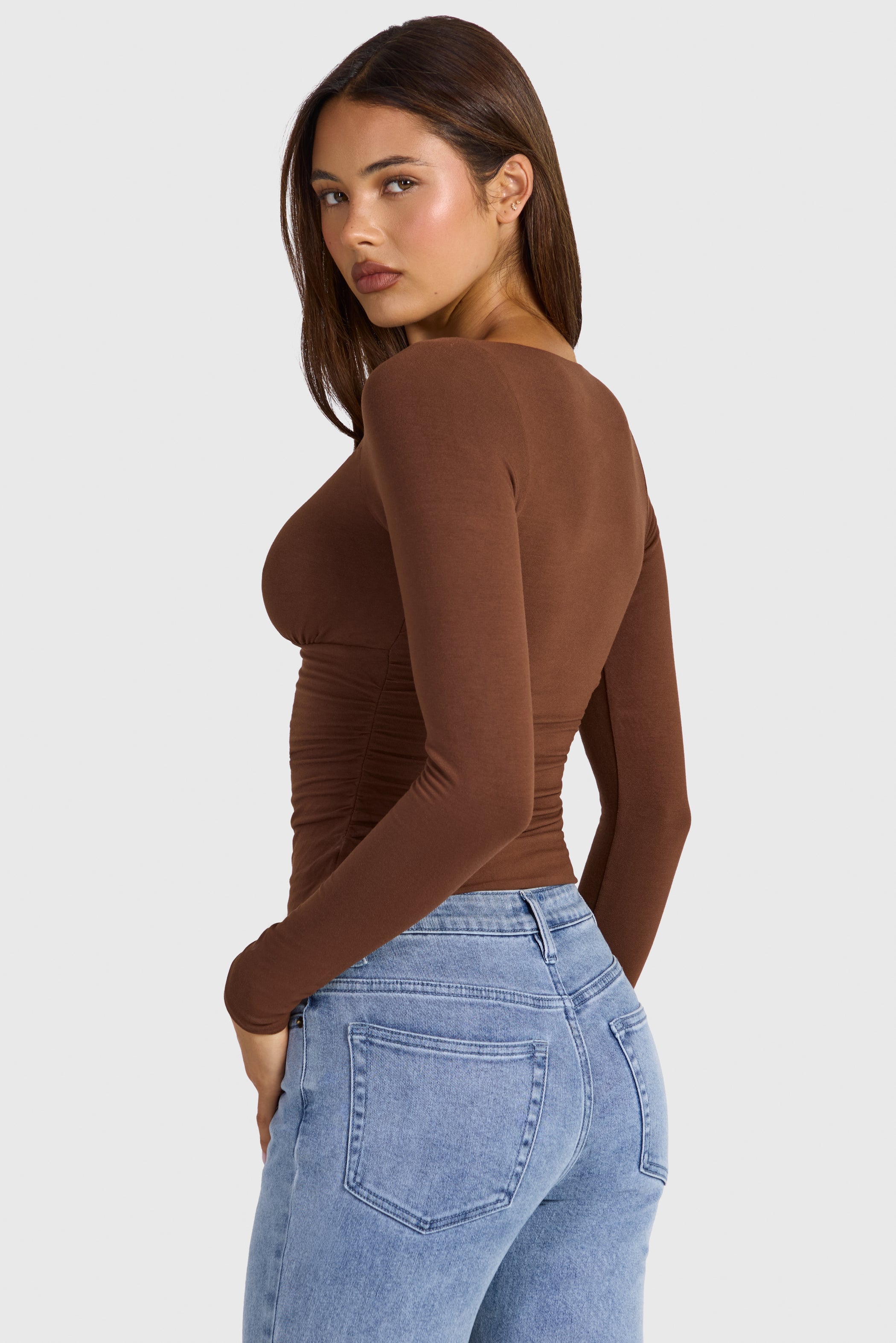 Modal Ruched Long-Sleeve Top in Cocoa Brown