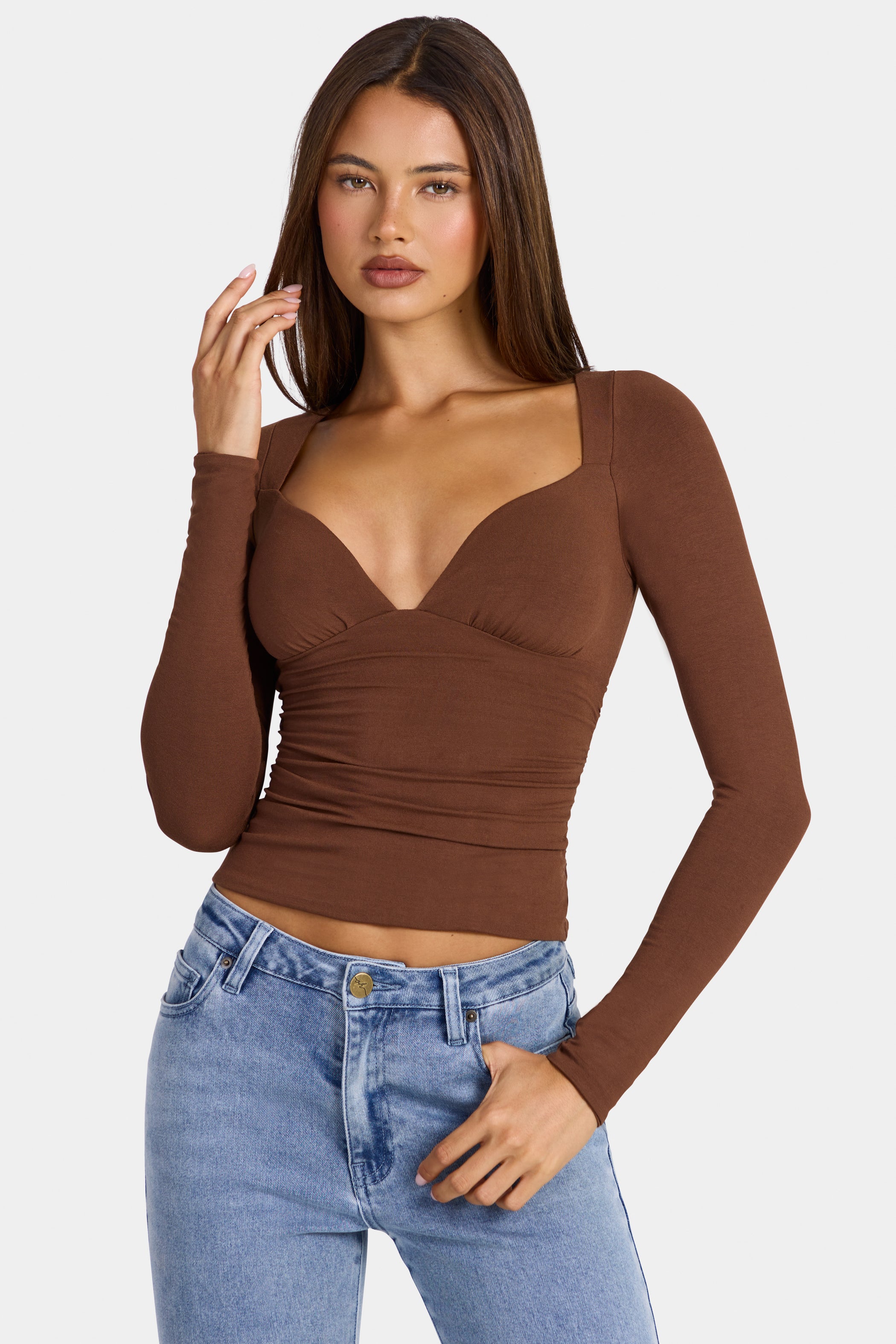 Modal Ruched Long-Sleeve Top in Cocoa Brown
