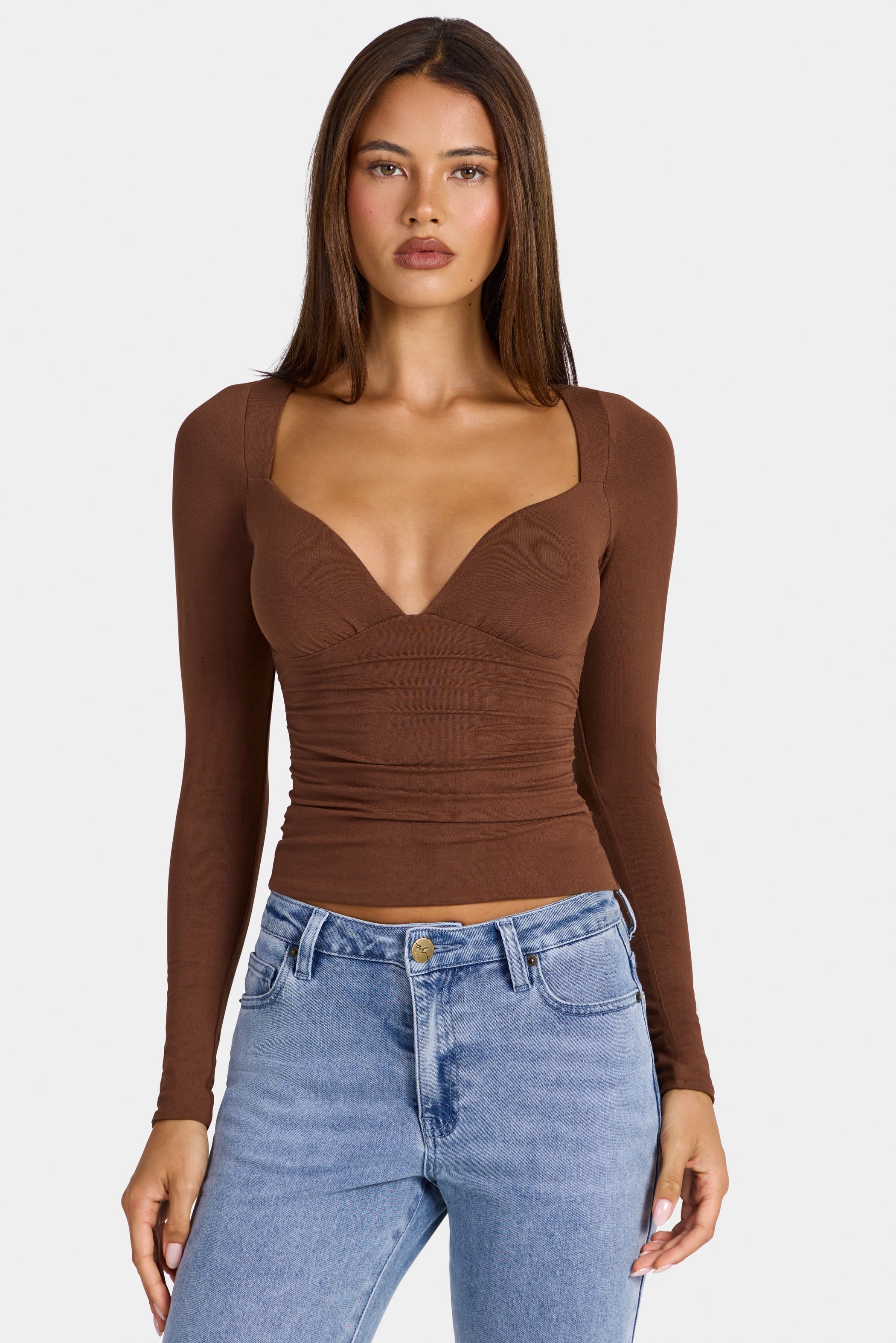 Modal Ruched Long-Sleeve Top in Cocoa Brown
