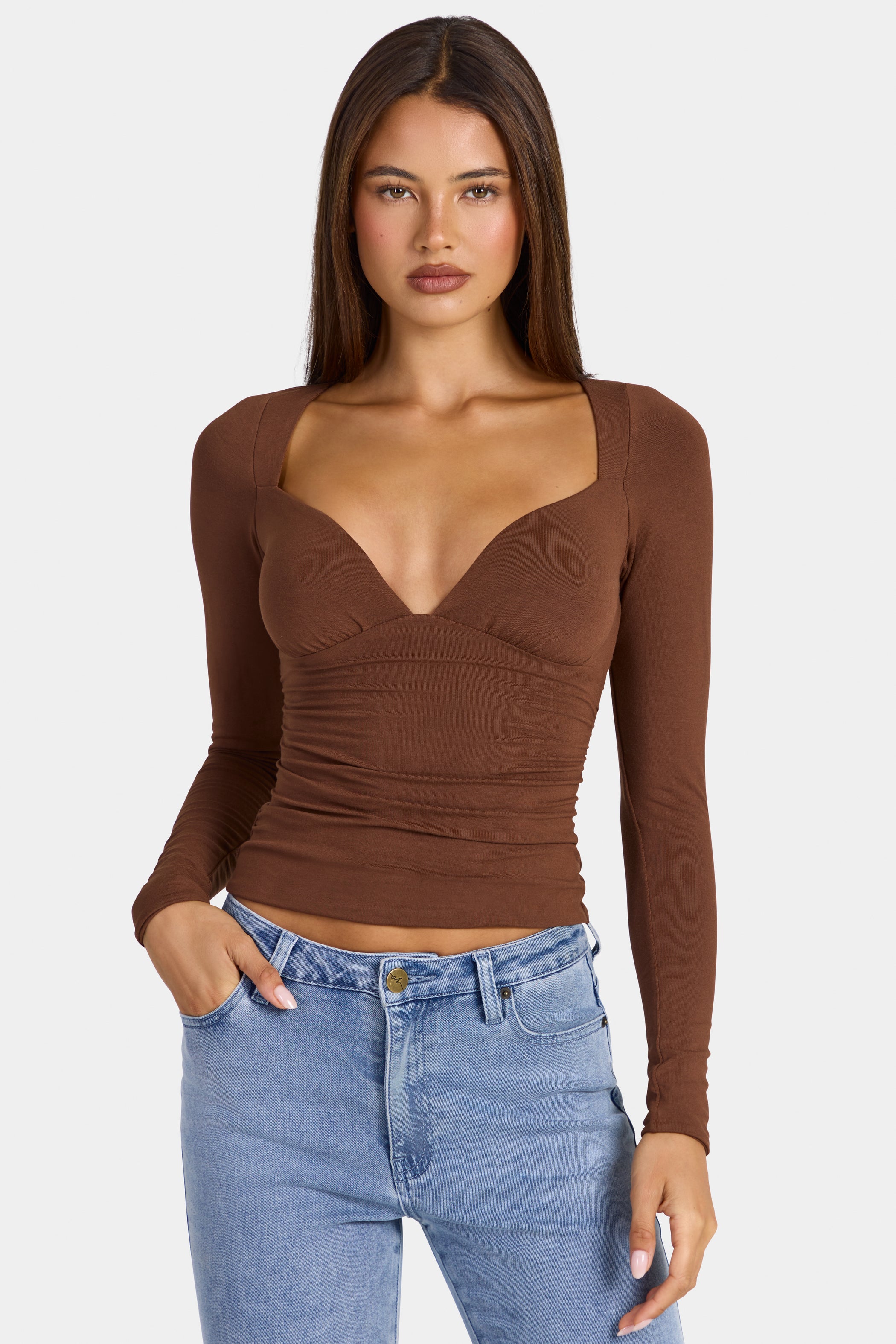 Modal Ruched Long-Sleeve Top in Cocoa Brown