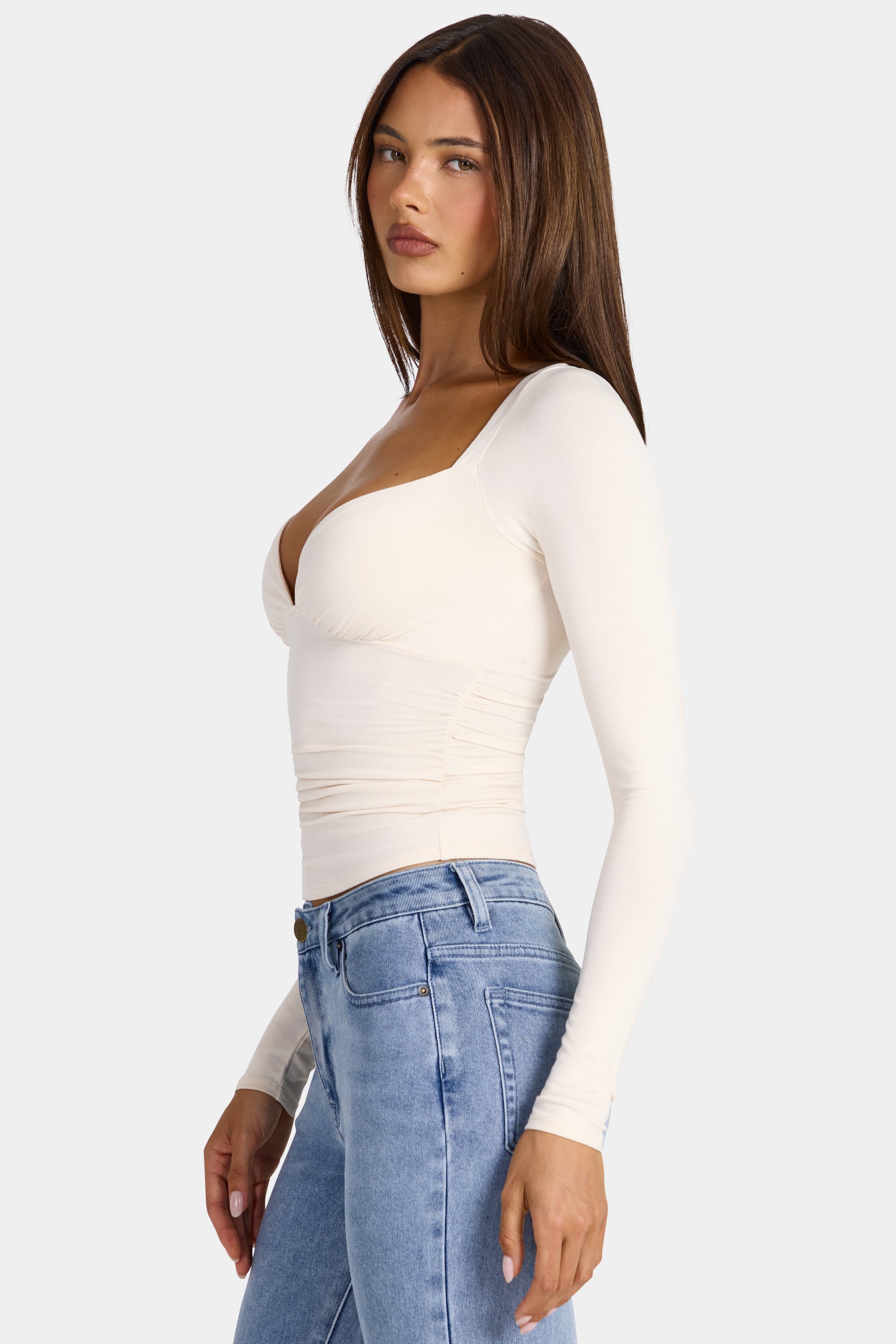 Modal Ruched Long-Sleeve Top in Oat
