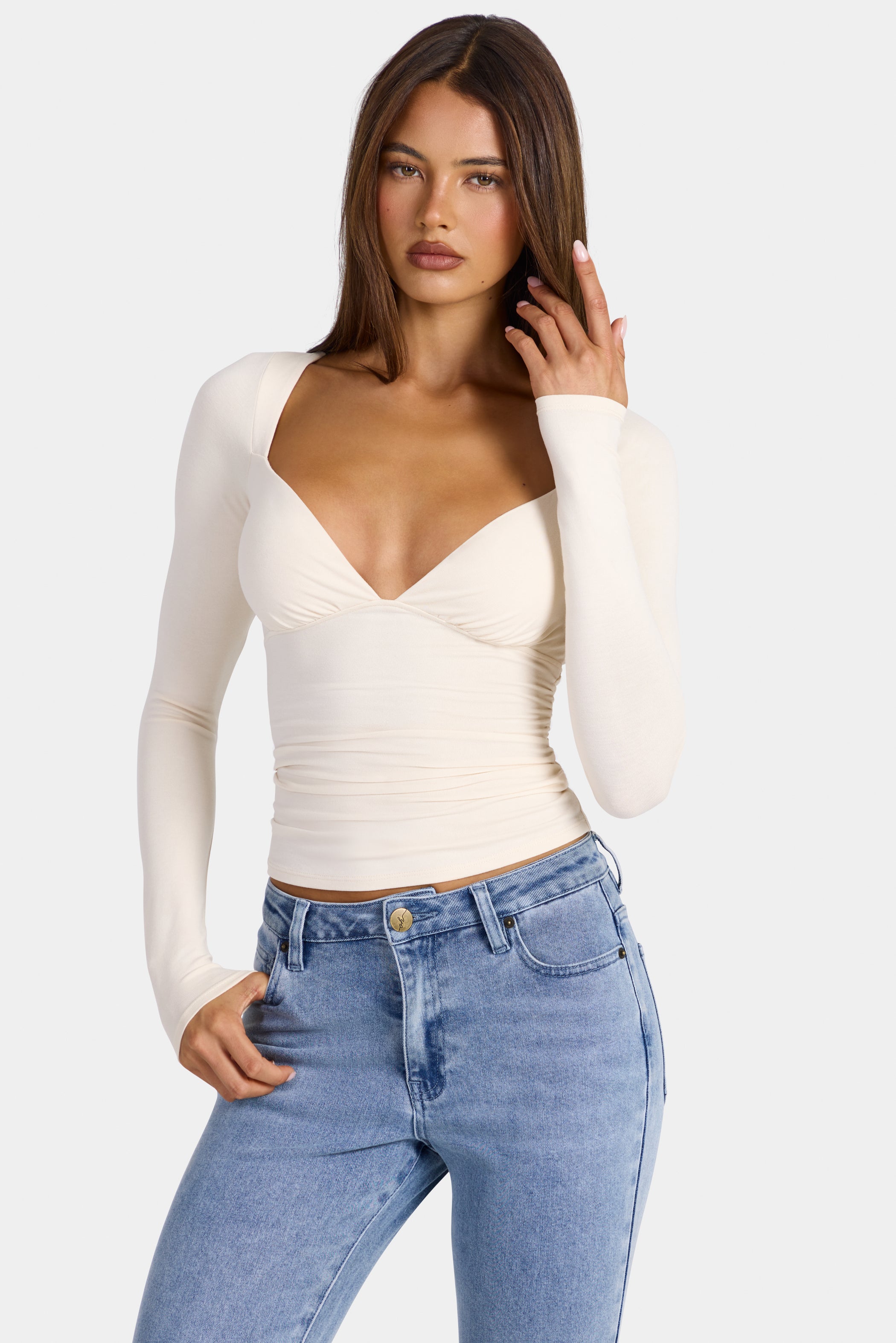Modal Ruched Long-Sleeve Top in Oat