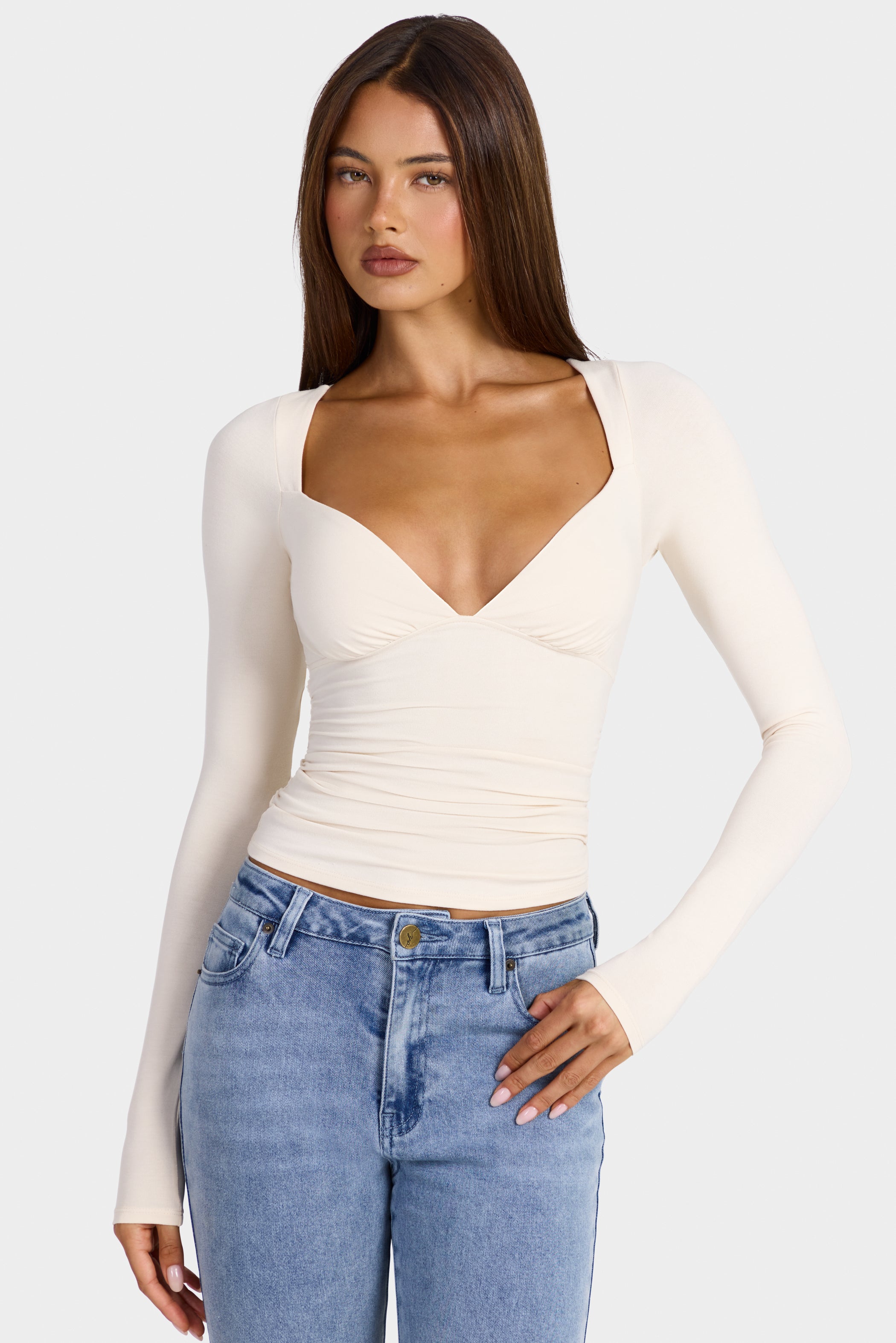 Modal Ruched Long-Sleeve Top in Oat