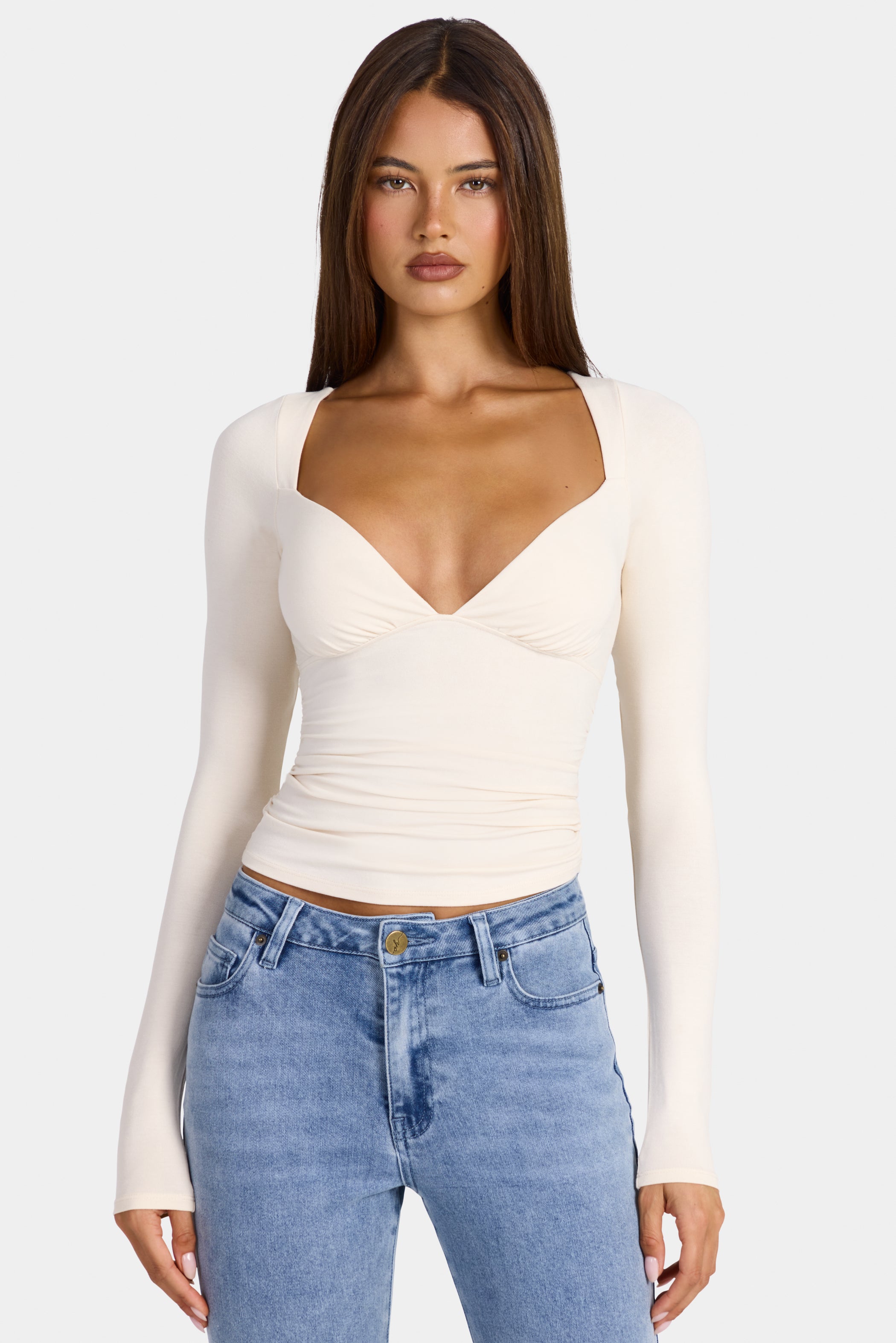Modal Ruched Long-Sleeve Top in Oat