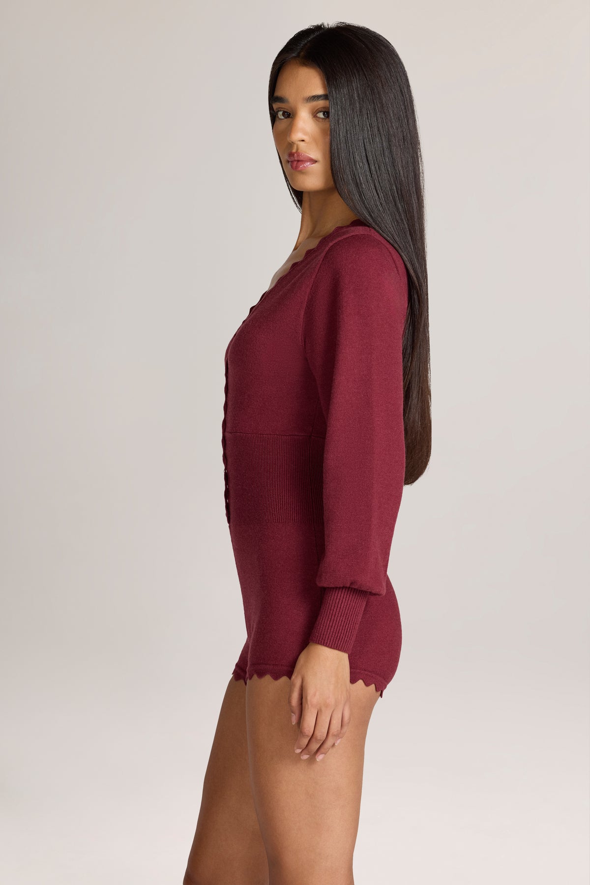 Knit Long-Sleeve Romper in Wine