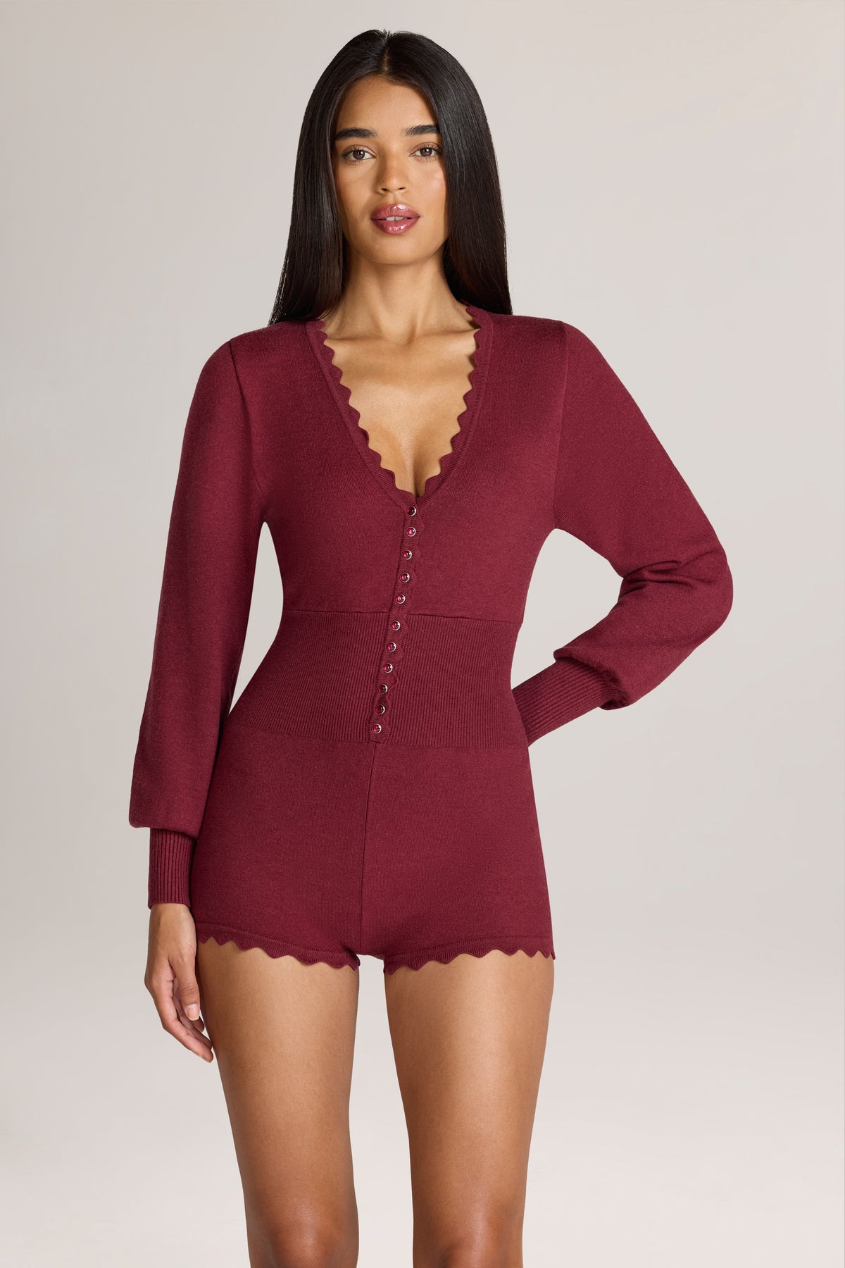 Knit Long-Sleeve Romper in Wine