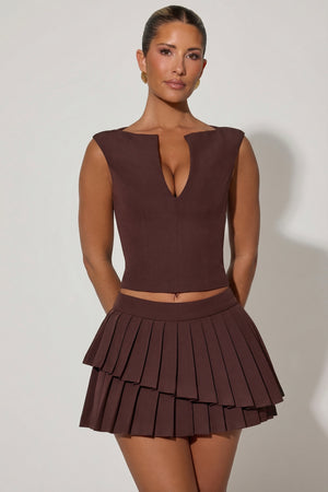 Layered Pleated Low-Rise Mini Skirt in Chocolate Brown