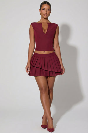 Layered Pleated Low-Rise Mini Skirt in Wine Red