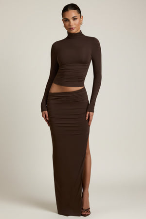 Modal Asymmetric-Waist Maxi Skirt in Chocolate Brown