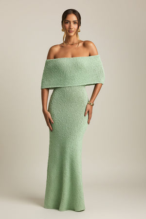 Bouclé Off-Shoulder Maxi Dress in Mint