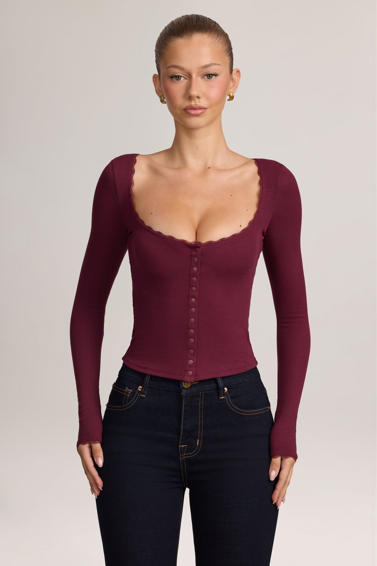Ribbed Modal Lace-Trim Cardigan in Maroon Red - 1