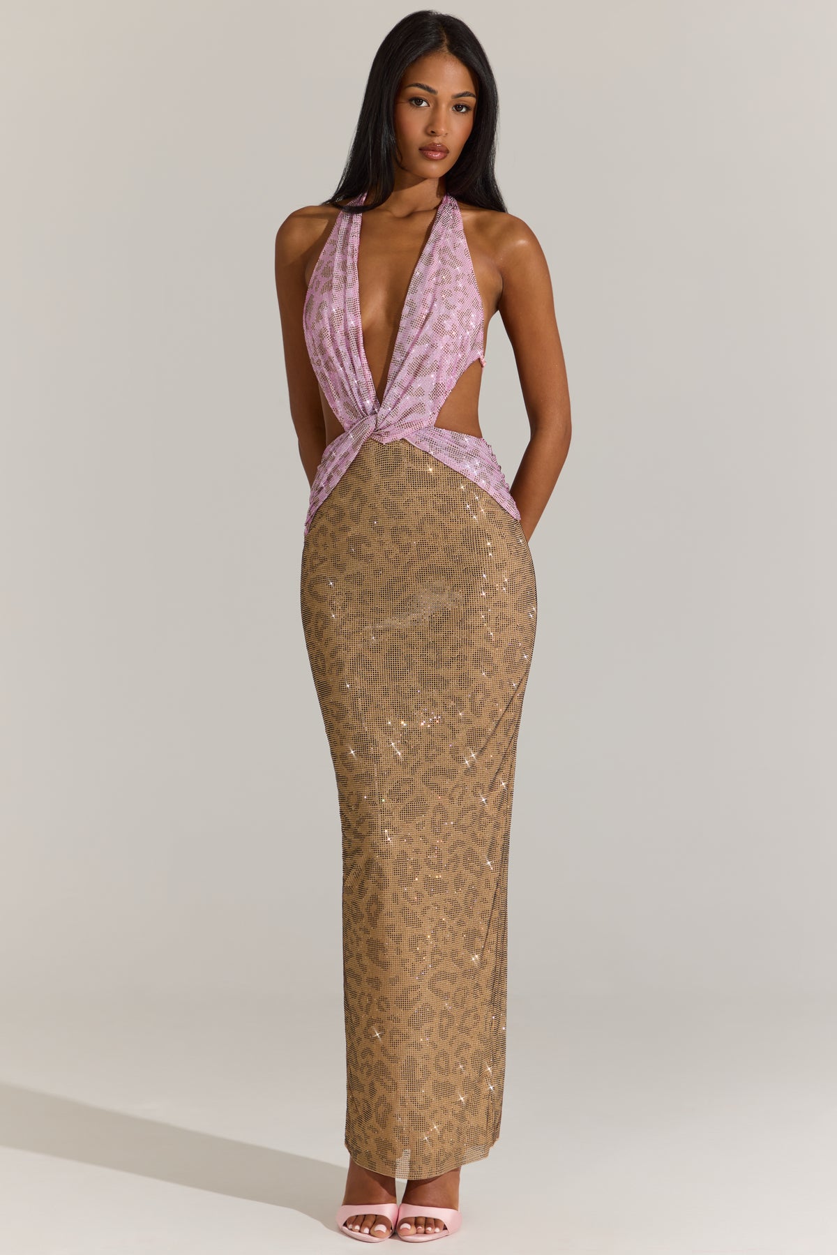 Embellished Cut-Out Maxi Dress in Pink Leopard
