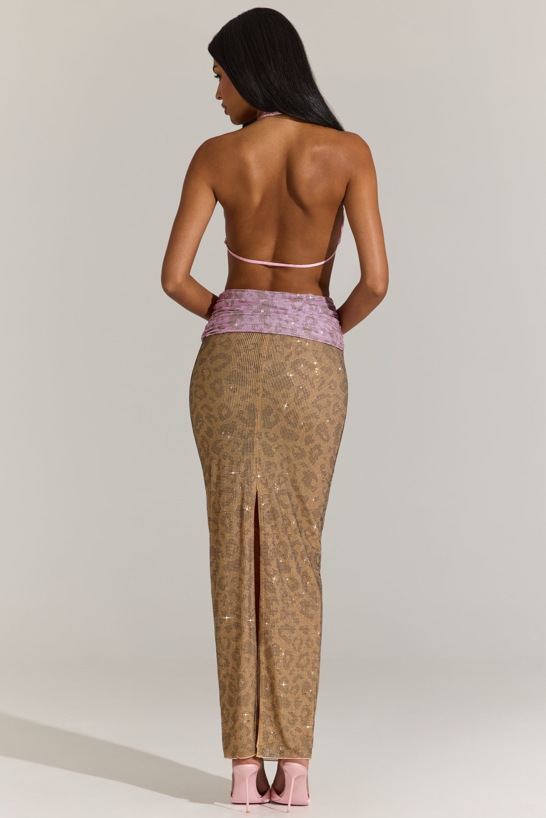Embellished Cut-Out Maxi Dress in Pink Leopard
