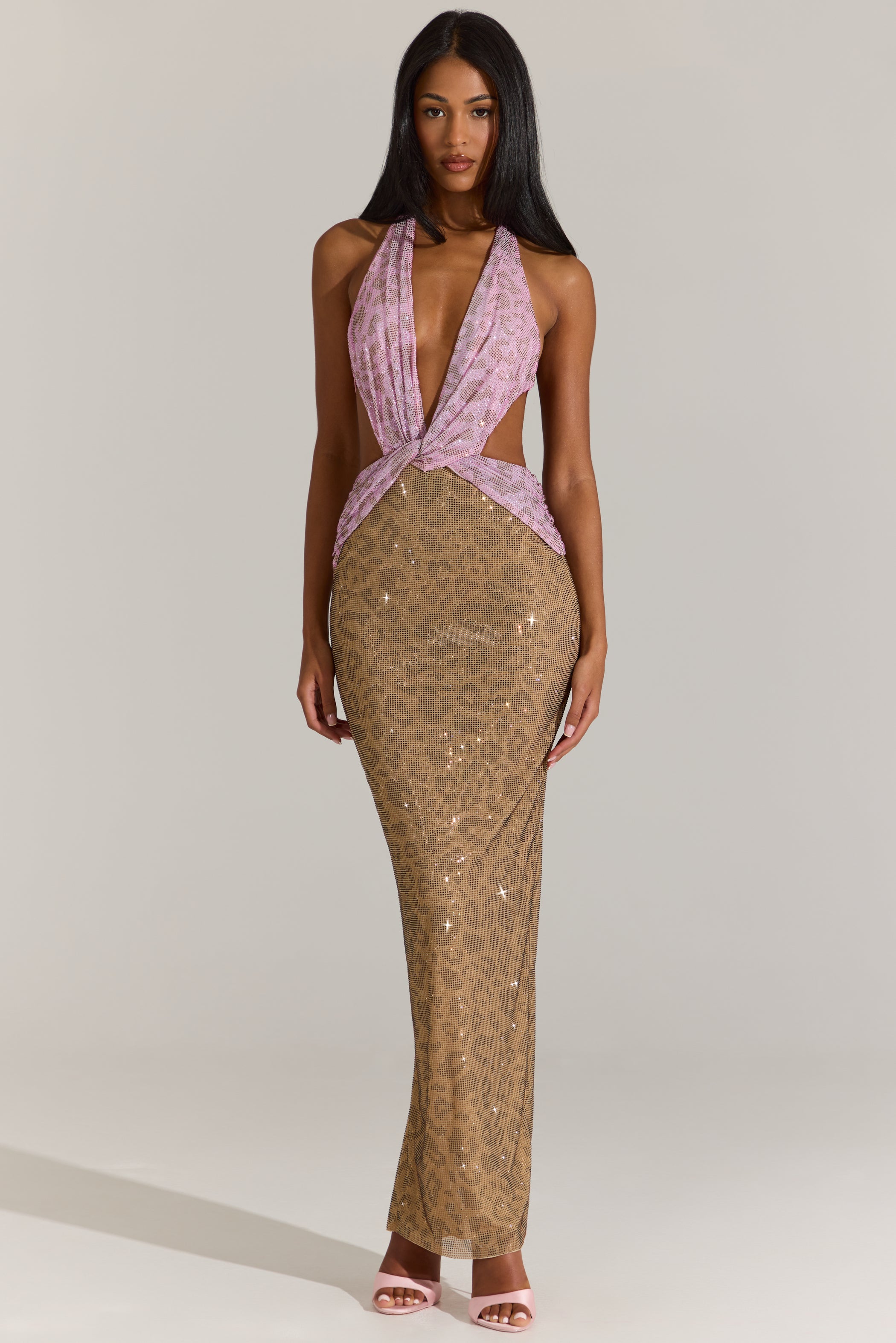 Embellished Cut-Out Maxi Dress in Pink Leopard