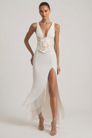 Embellished Plunge Ruffled Corset Maxi Dress in Ivory - 12 | Oh Polly Embellished Plunge Ruffled Corset Maxi Dress in Ivory - 12 | Oh Polly