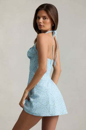 Halterneck A-Line Mini Dress in Blue Flower Print