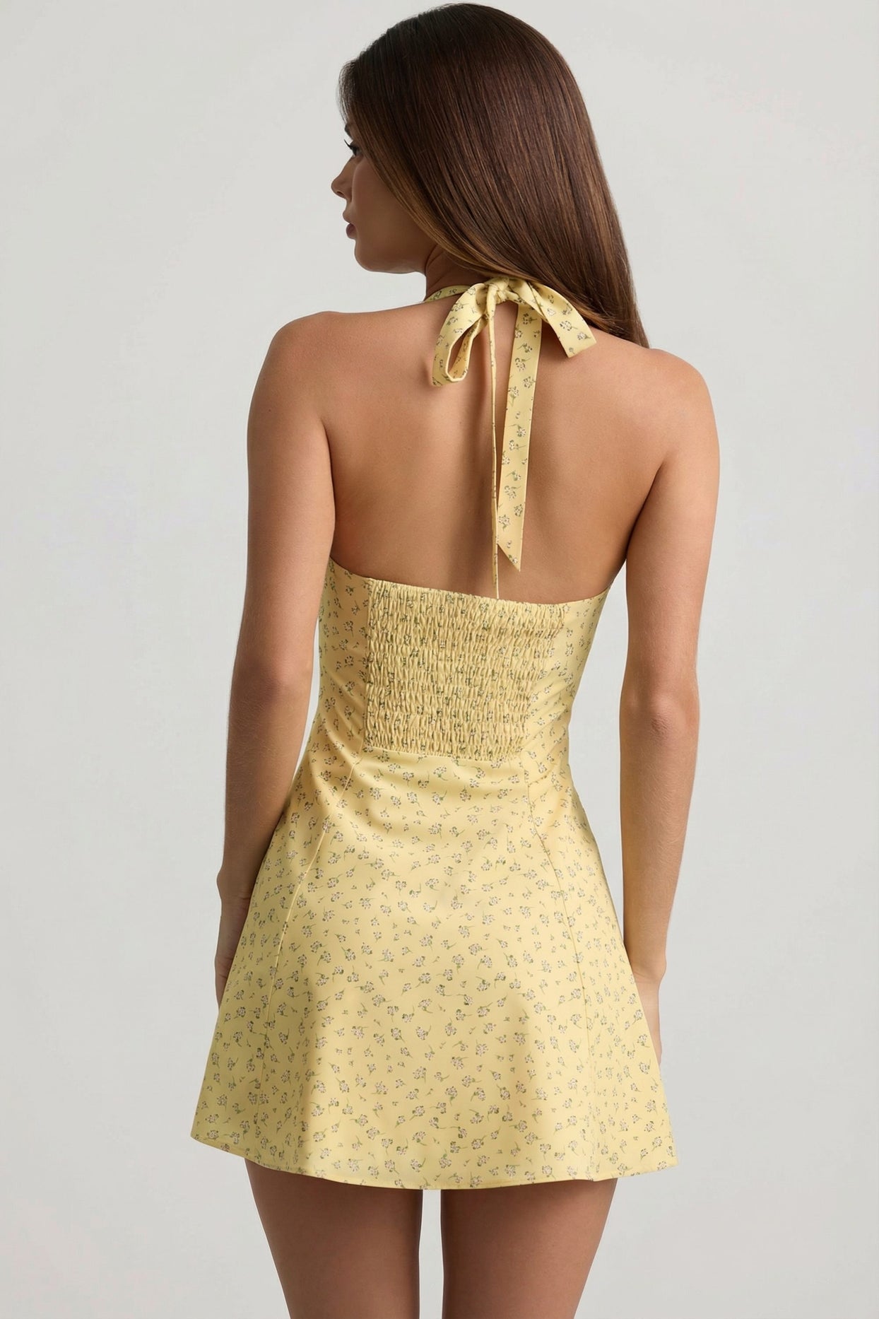 Halterneck A-Line Mini Dress in Yellow Flower Print - 6