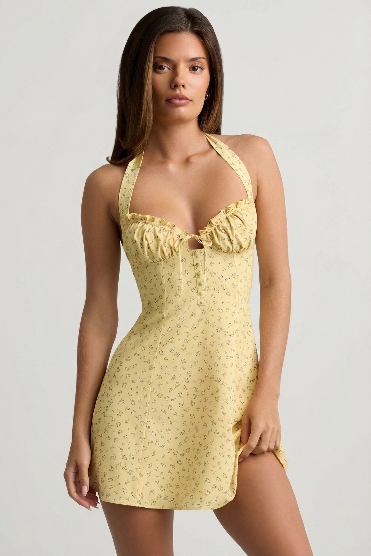 Halterneck A-Line Mini Dress in Yellow Flower Print - 8