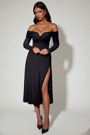 Off-Shoulder Lace-Up A-Line Midaxi Dress in Black