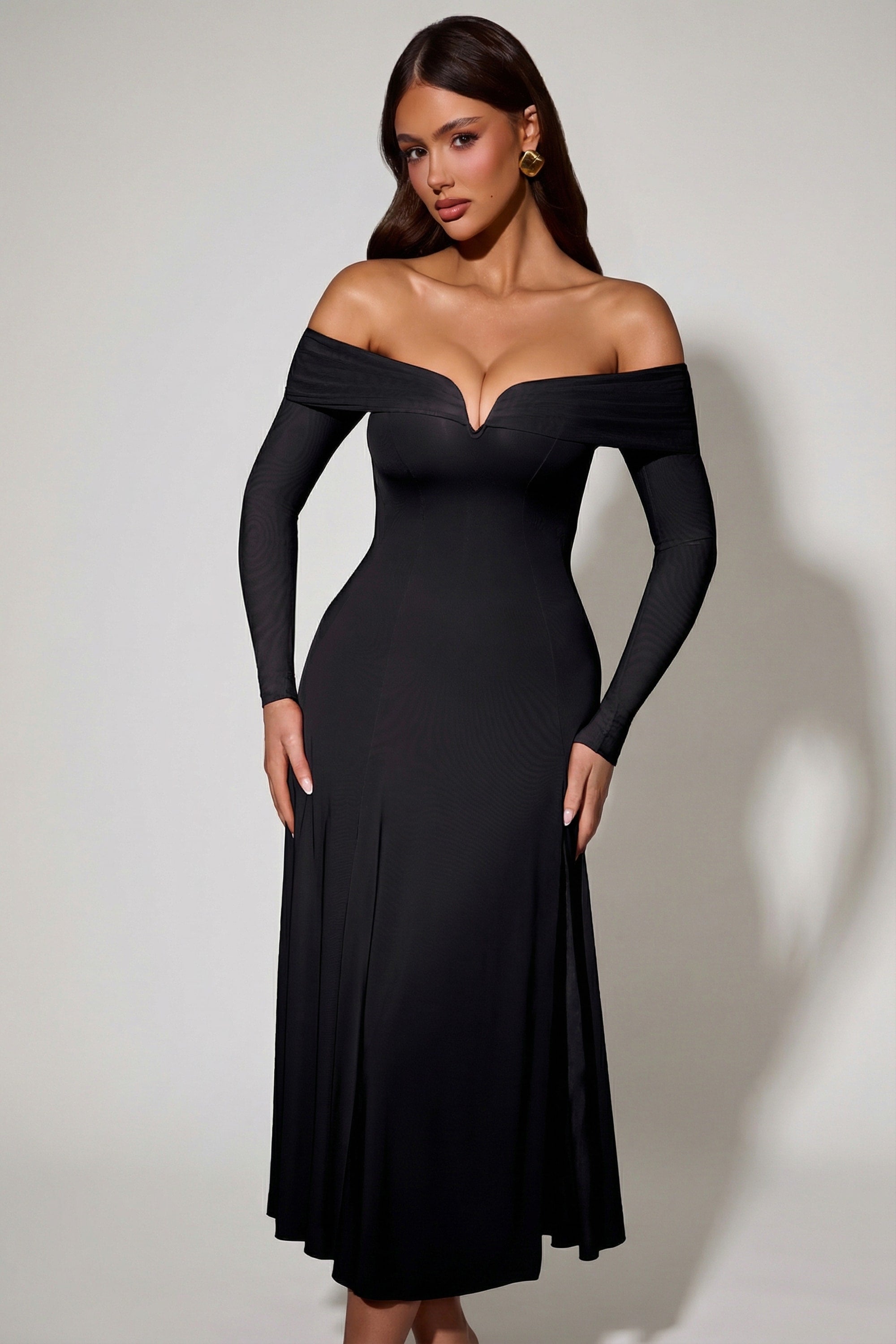 Nerissa Off-Shoulder Lace-Up A-Line Midaxi Dress in Black | Oh