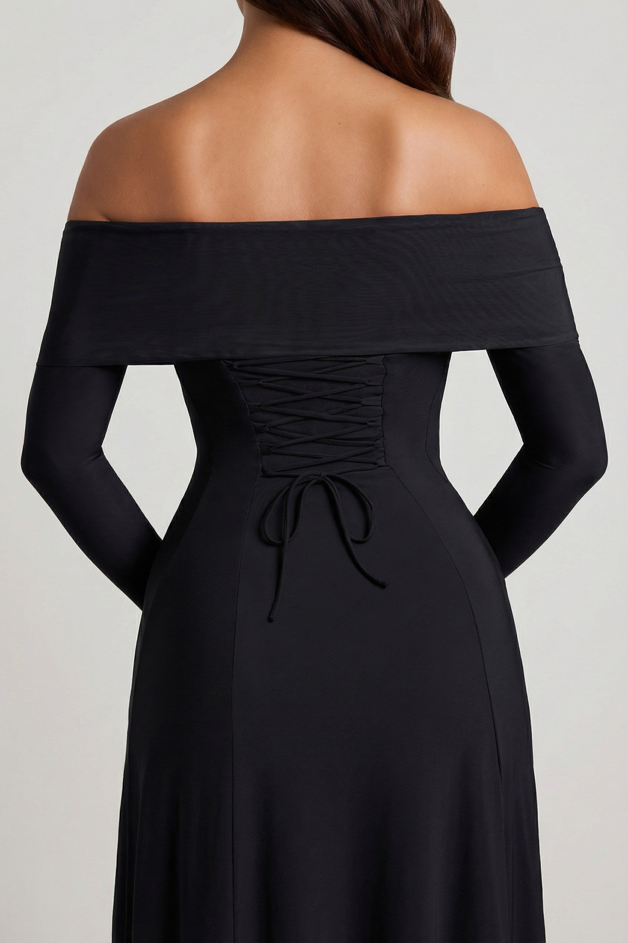 Nerissa Off-Shoulder Lace-Up A-Line Midaxi Dress in Black | Oh