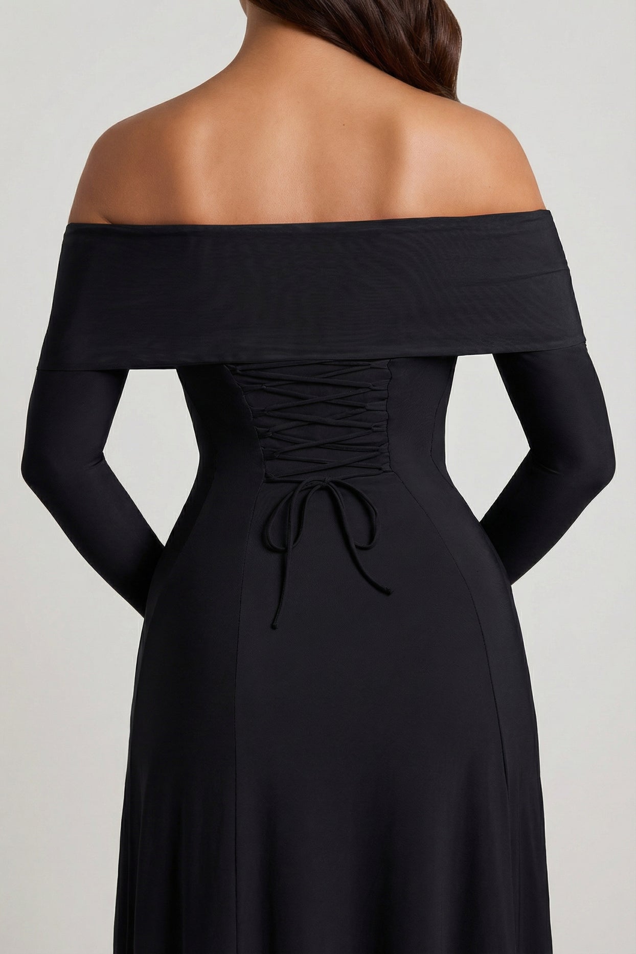 Off-Shoulder Lace-Up A-Line Midaxi Dress in Black - 6