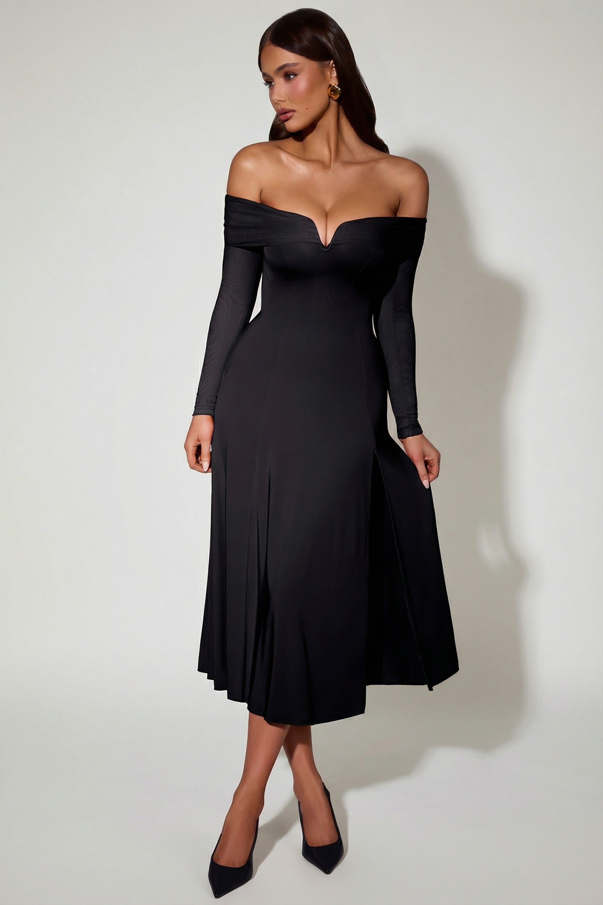 Nerissa Off-Shoulder Lace-Up A-Line Midaxi Dress in Black | Oh