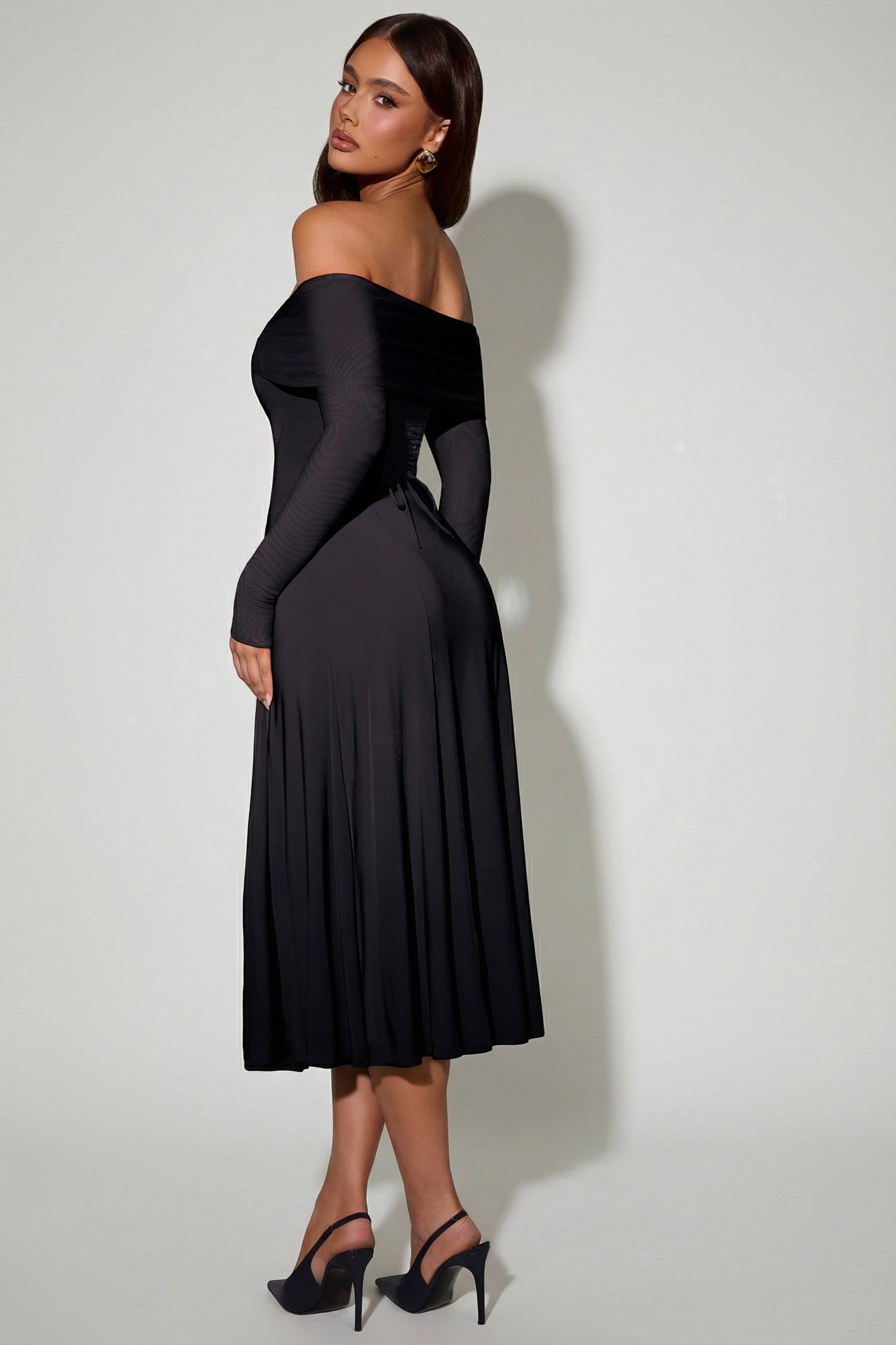 Nerissa Off-Shoulder Lace-Up A-Line Midaxi Dress in Black | Oh