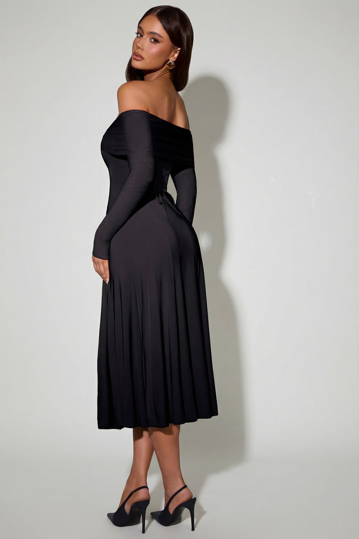 Off-Shoulder Lace-Up A-Line Midaxi Dress in Black - 10
