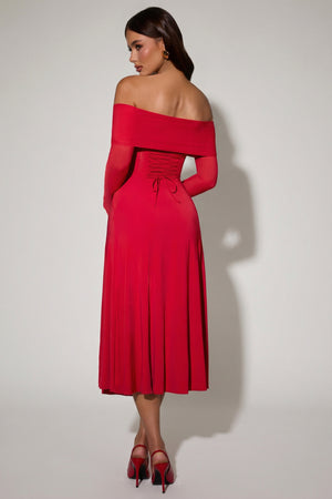 Oh Polly's Ella wearing the Nerissa Midaxi Dress in Red Sheer Jersey fabric perfect for cocktail parties