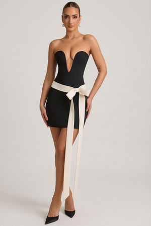 Strapless Bow-Detail A-Line Mini Dress in Black