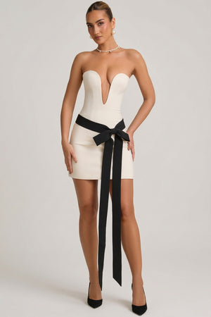 Strapless Bow-Detail A-Line Mini Dress in Ivory