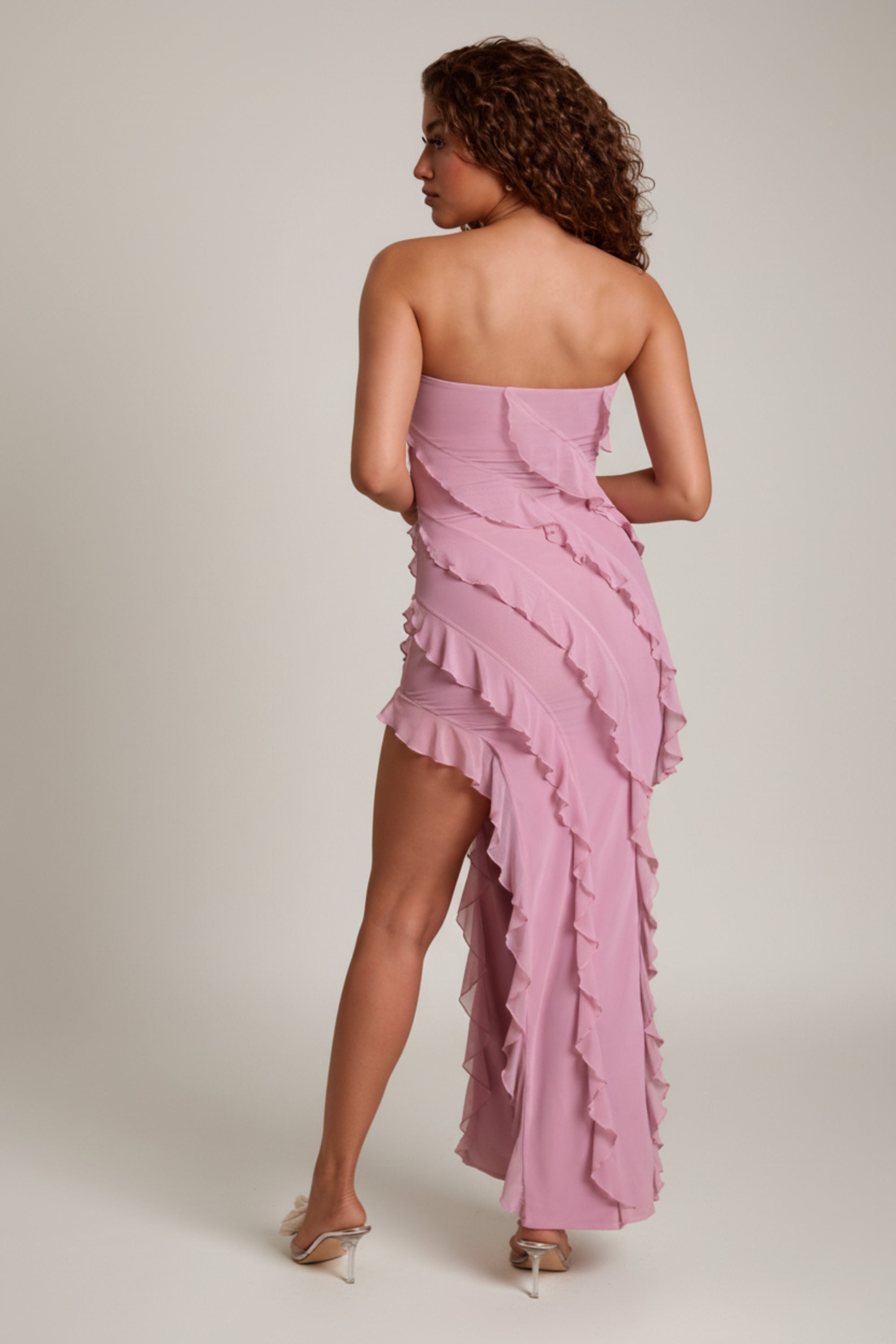 Nevali Bandeau Ruffle Detail Maxi Dress in Dusty Pink