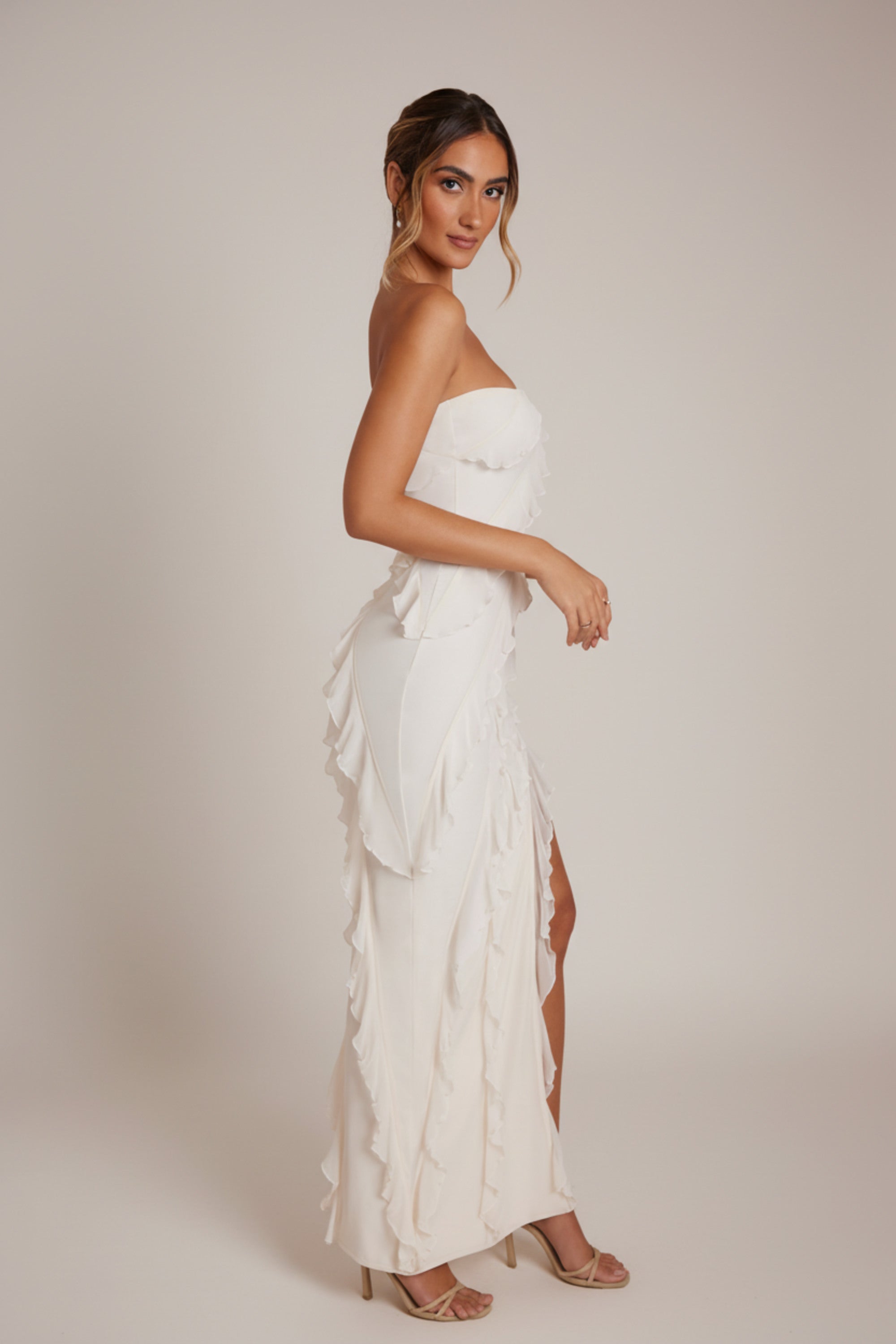 Nevali Bandeau Ruffle Detail Maxi Dress in Ivory