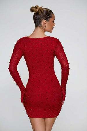 Oh Polly's Sierra Skye wearing the Nice Mini Dress in Red Embellished fabric perfect for romantic dinners