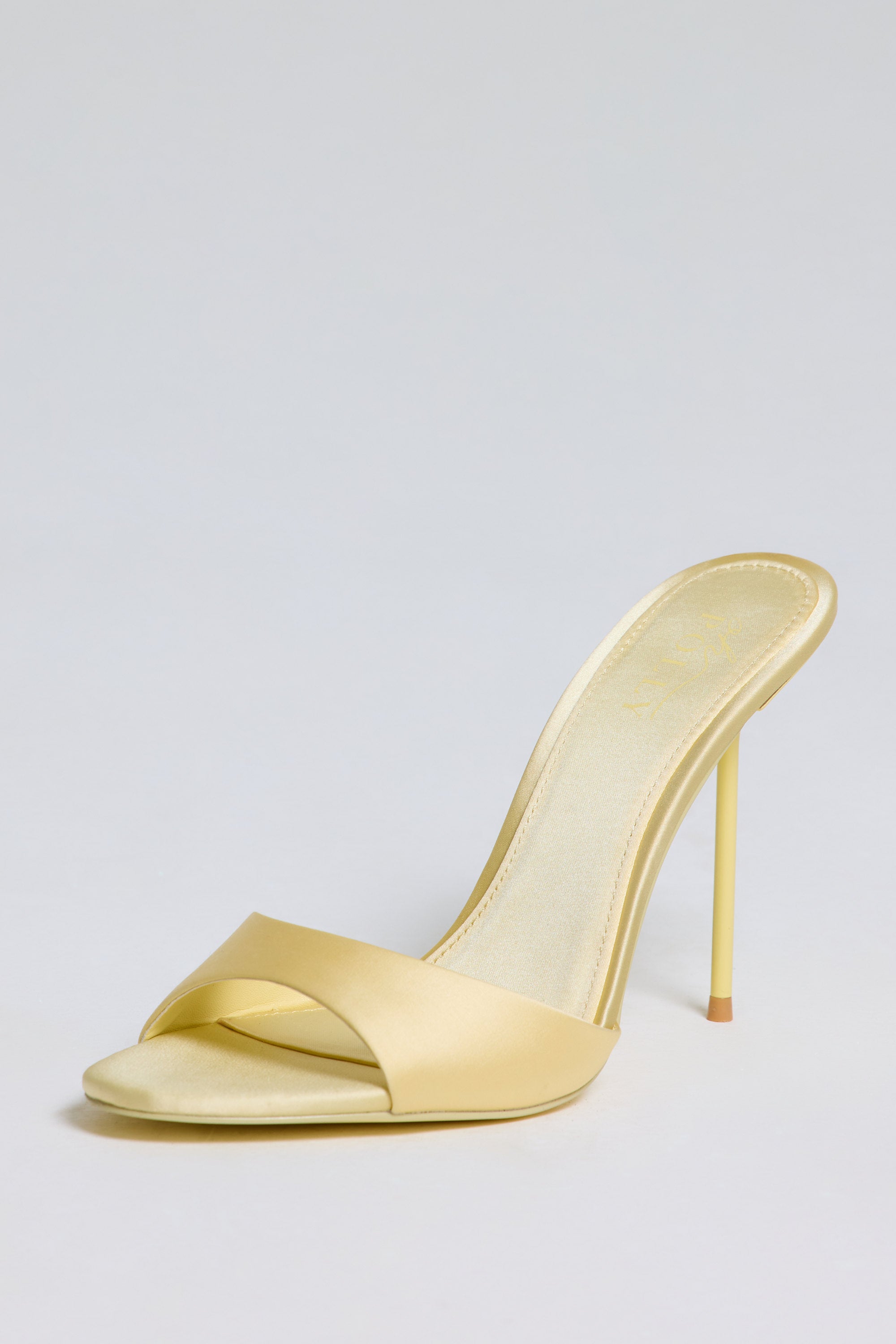 Satin Heeled Mule Sandal in Butter Yellow