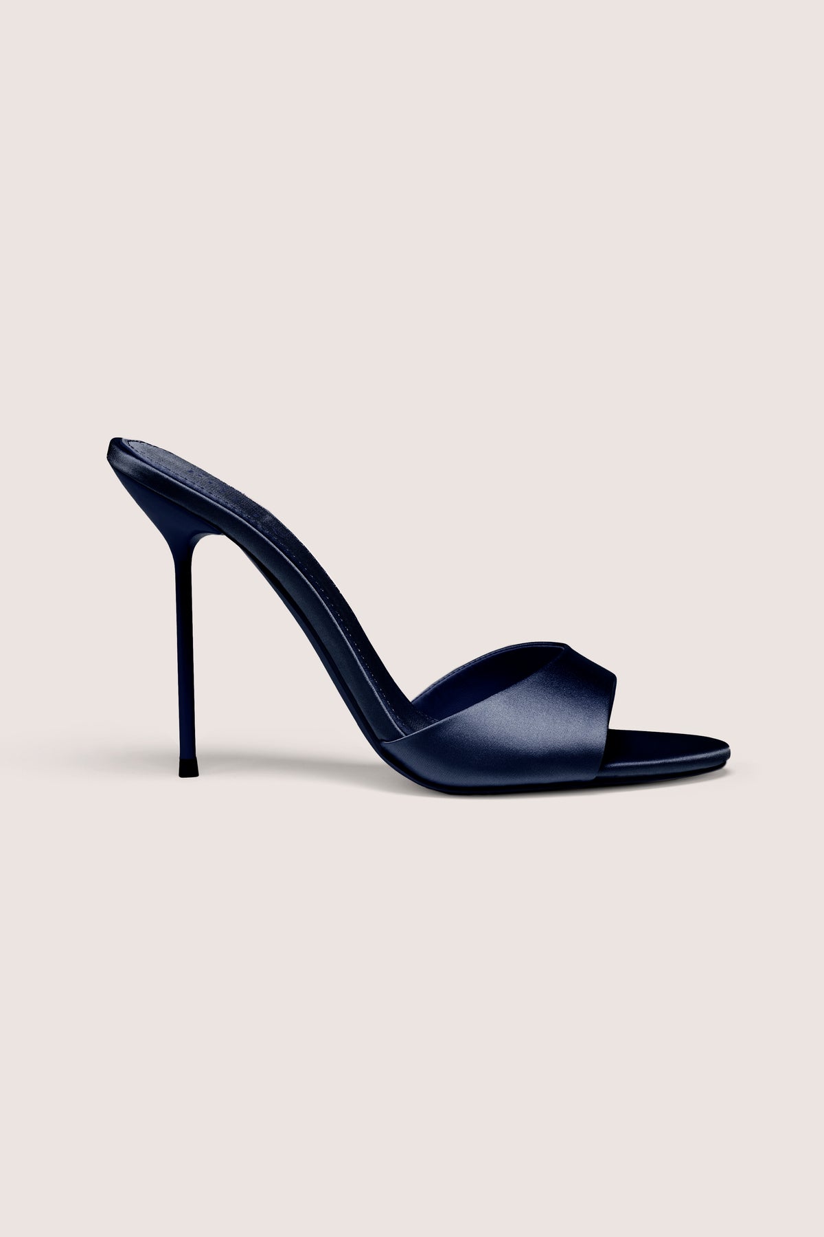 Satin Heeled Mule Sandal in Midnight Blue