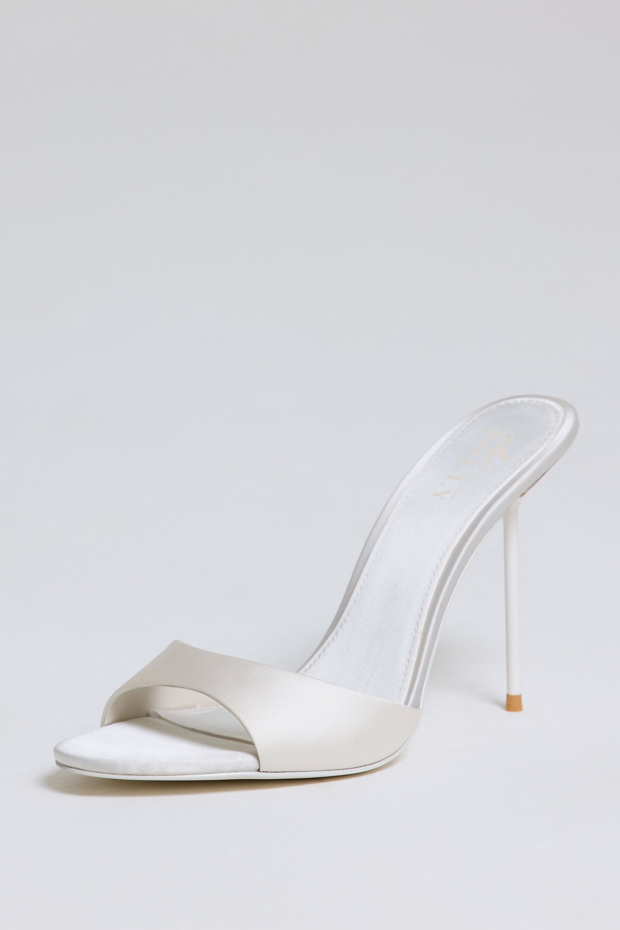Satin Heeled Mule Sandal in Pearl White