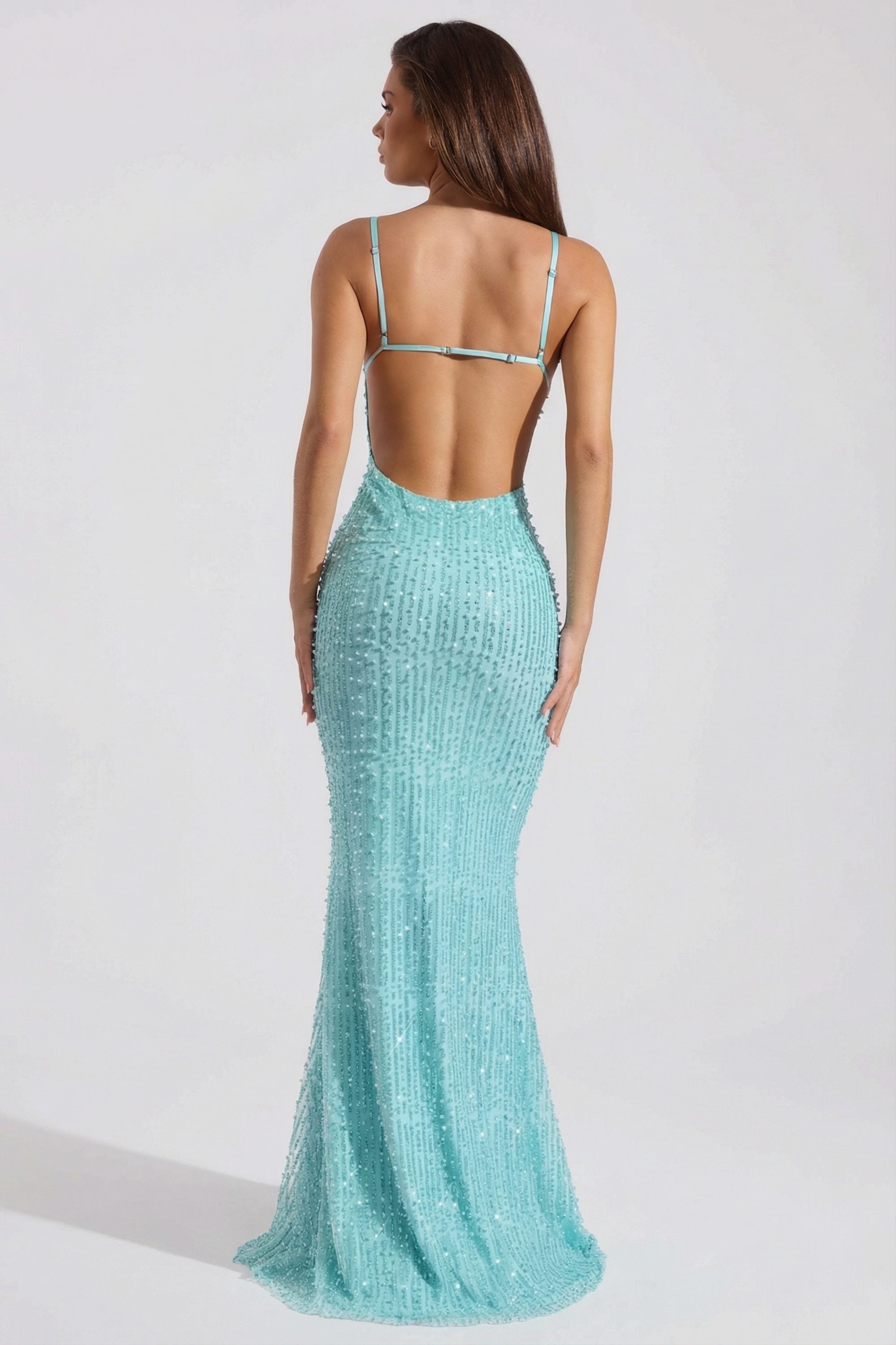 Embellished Cowl-Neck Backless Maxi Dress in Aqua Blue