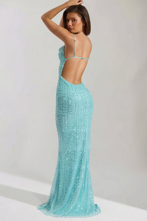 Embellished Cowl-Neck Backless Maxi Dress in Aqua Blue