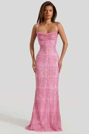 Oh Polly's Sophia wearing the Nivalis Maxi Dress in Pink Pearl Embellished fabric perfect for luxury vacations