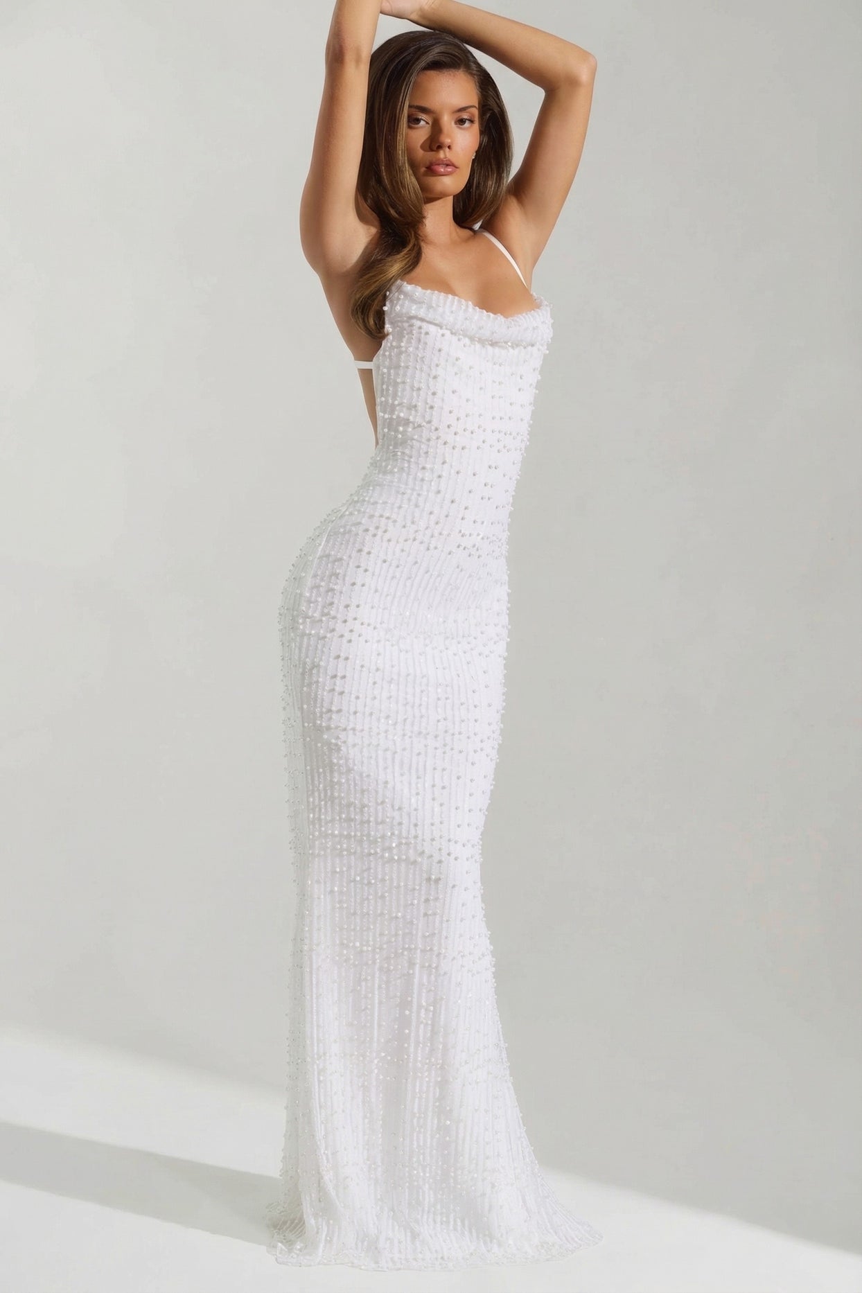 Embellished Cowl-Neck Backless Maxi Dress in White - 6