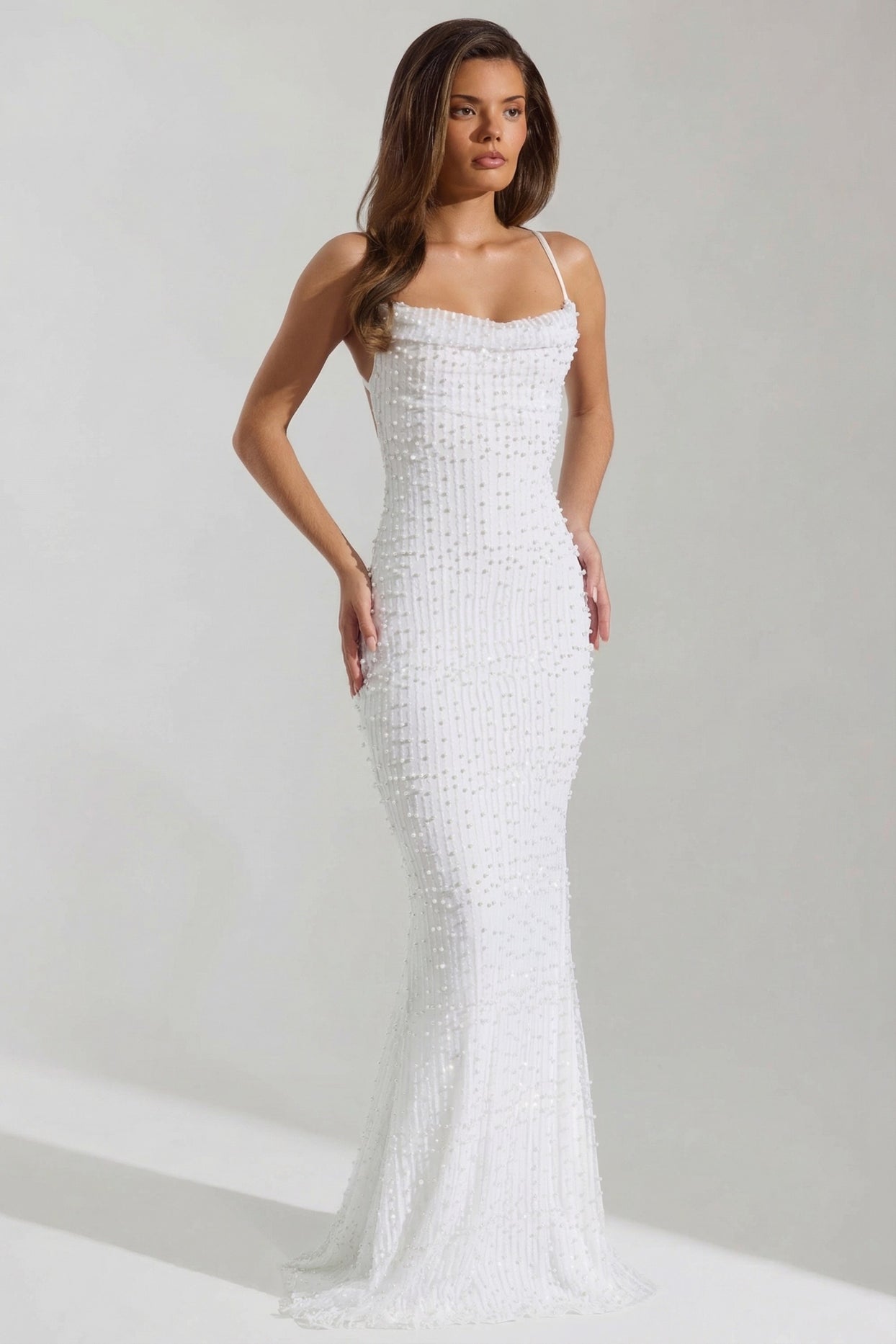Embellished Cowl-Neck Backless Maxi Dress in White - 7