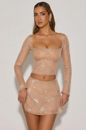 Embellished Mid-Rise A-Line Mini Skirt in Almond