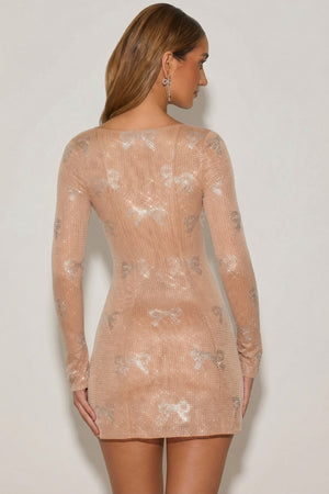 Embellished Bow-Detail A-Line Mini Dress in Almond