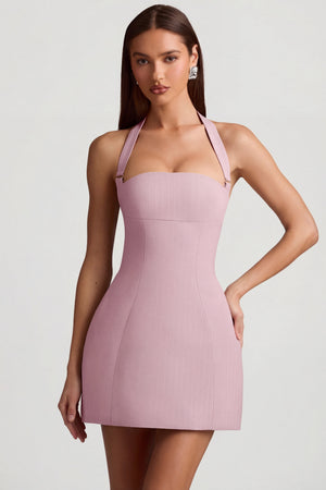 Pinstripe Halterneck Structured A-Line Mini Dress in Mauve - 2 | Oh Polly Pinstripe Halterneck Structured A-Line Mini Dress in Mauve - 2 | Oh Polly