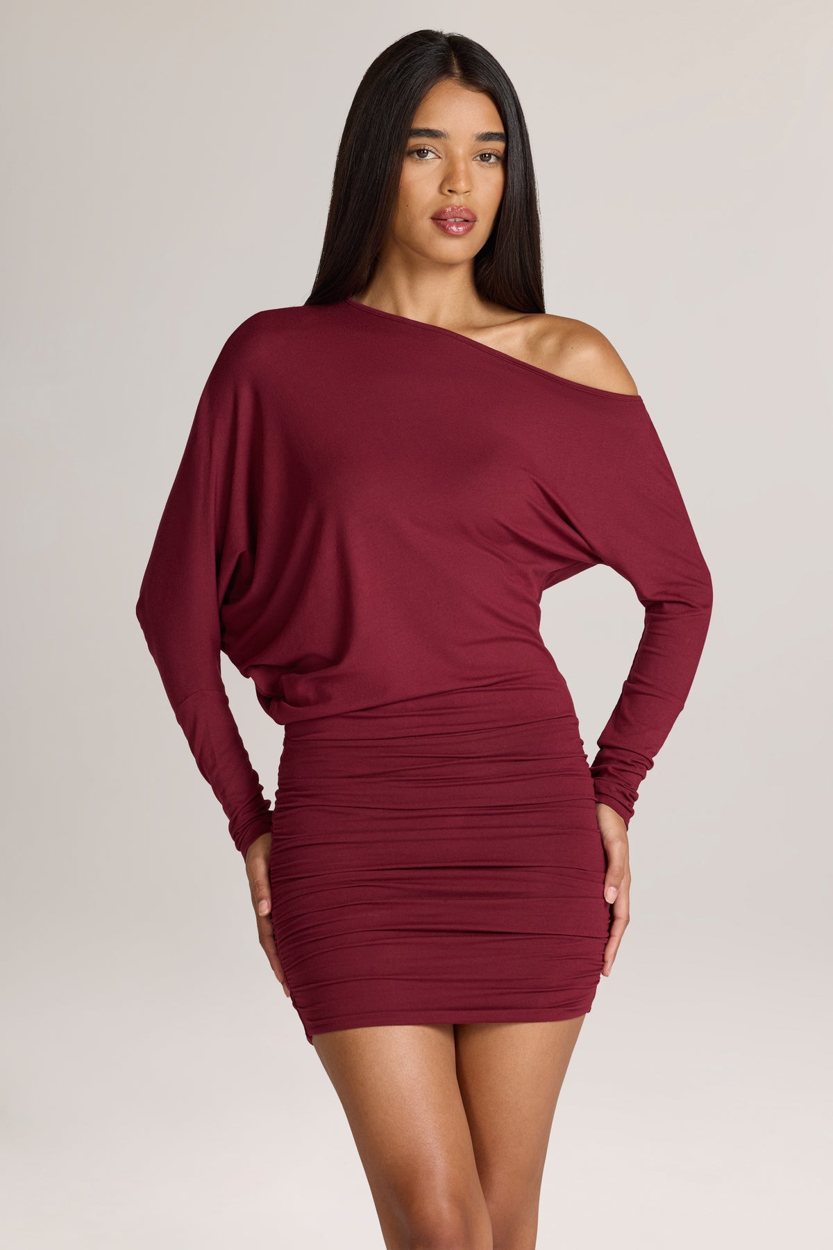 Modal Off-Shoulder Mini Dress in Wine