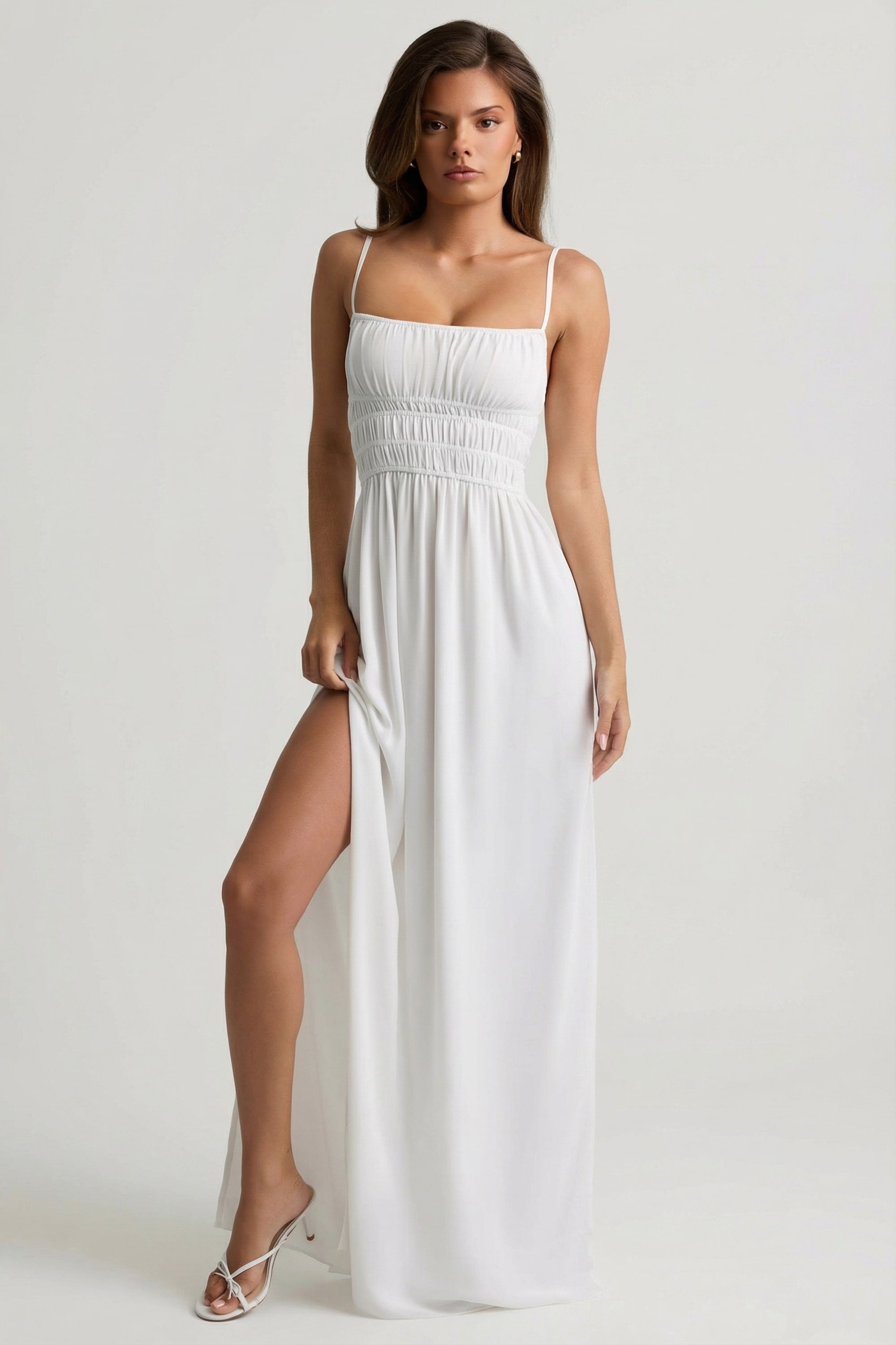 Olyssia Shirred Camisole Maxi Dress in White | Oh Polly – Oh Polly US