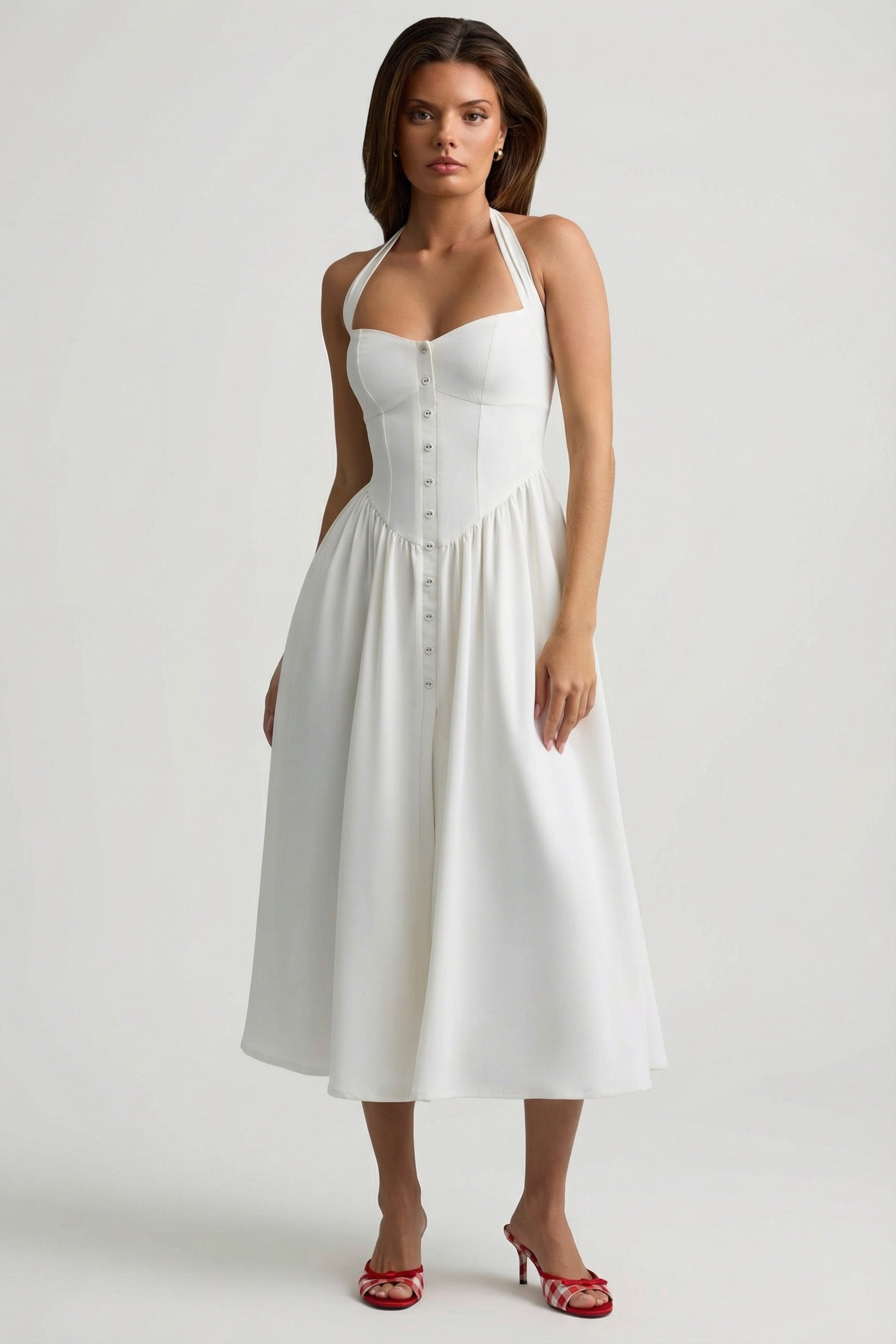Orlena Button-Detail Halterneck Midaxi Dress in White | Oh Polly