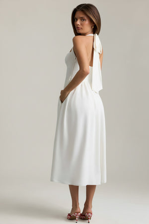 Button-Detail Halterneck Midaxi Dress in White